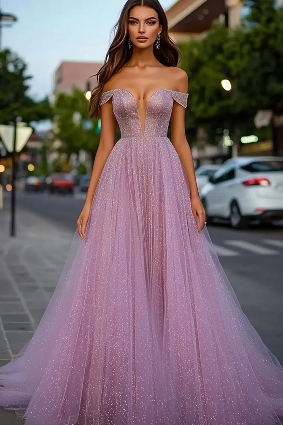 Dusty Rose Glitter Fora do Ombro A-Line Long Prom Dress