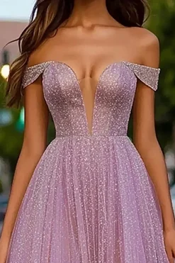Dusty Rose Glitter Fora do Ombro A-Line Long Prom Dress