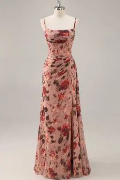 Dusty Rose Ruched Floral Corset Long Vestido de Dama de Honra com Fenda