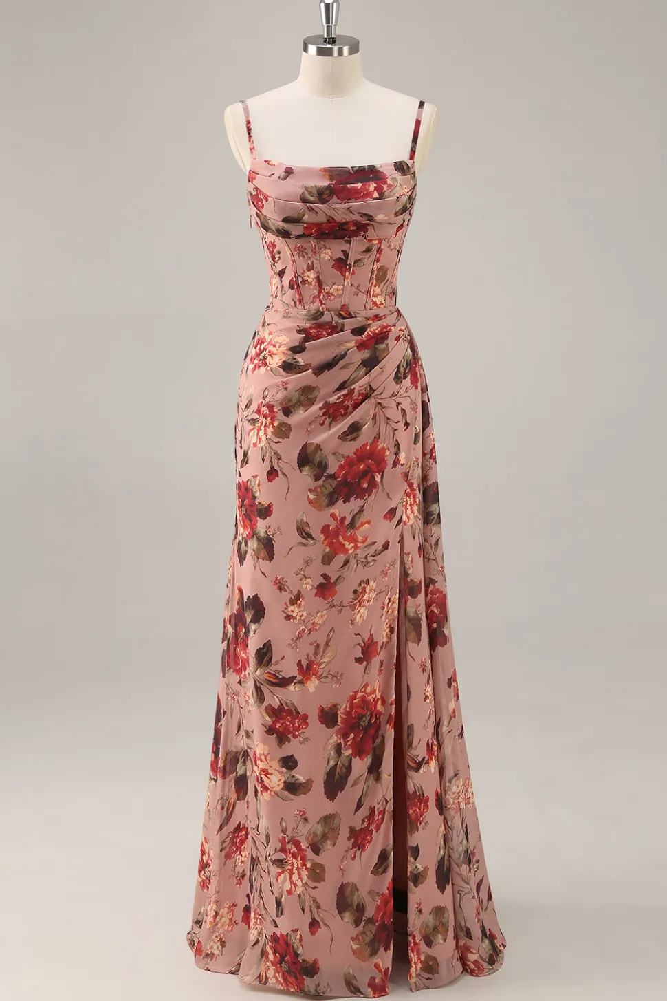 Dusty Rose Ruched Floral Corset Long Vestido de Dama de Honra com Fenda