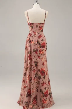 Dusty Rose Ruched Floral Corset Long Vestido de Dama de Honra com Fenda