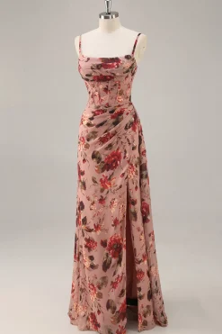 Dusty Rose Ruched Floral Corset Long Vestido de Dama de Honra com Fenda
