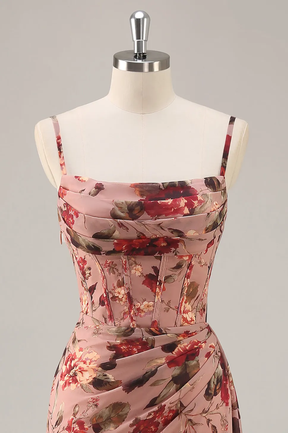 Dusty Rose Ruched Floral Corset Long Vestido de Dama de Honra com Fenda