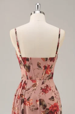 Dusty Rose Ruched Floral Corset Long Vestido de Dama de Honra com Fenda