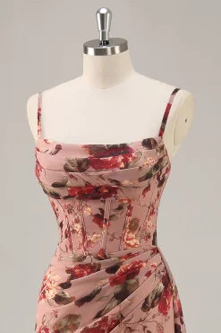 Dusty Rose Ruched Floral Corset Long Vestido de Dama de Honra com Fenda