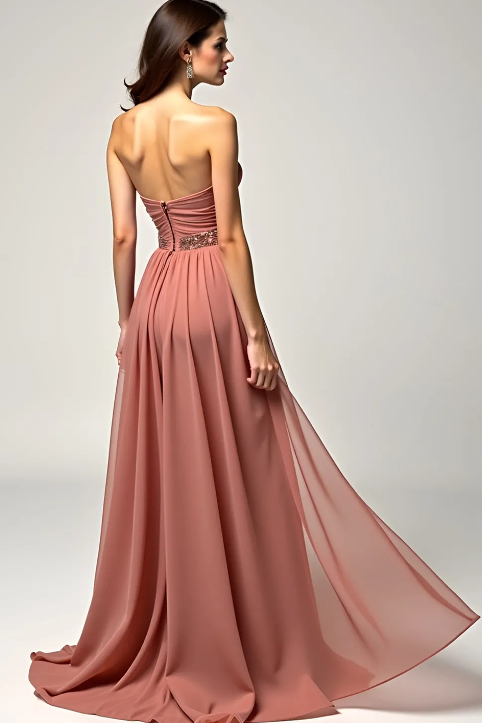 Dusty Rose Strapless Uma Linha Tule Prom Dress