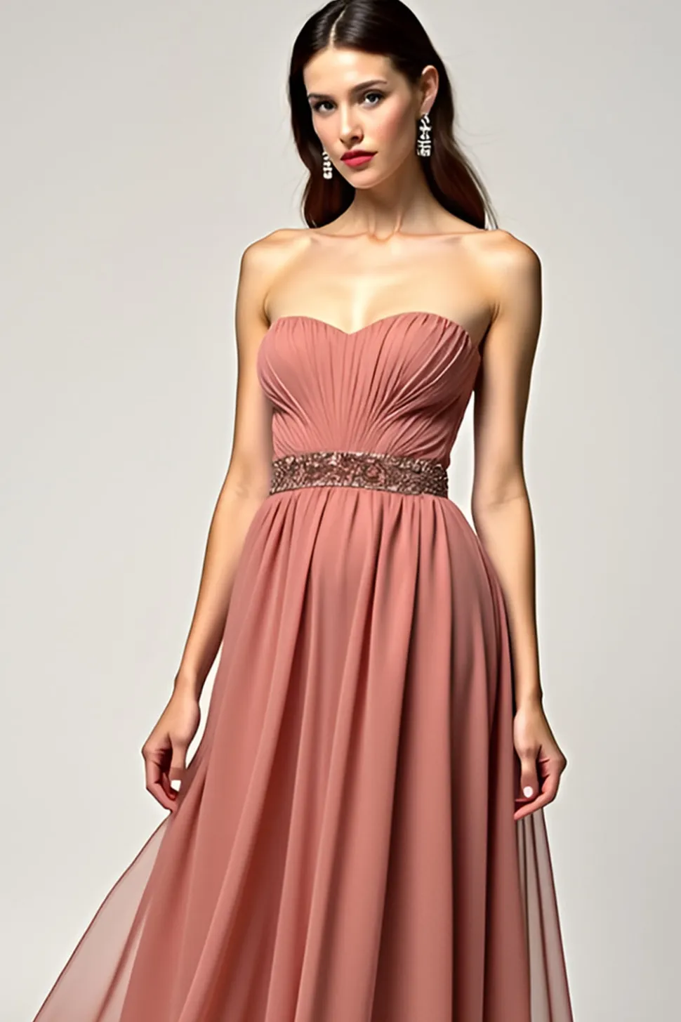 Dusty Rose Strapless Uma Linha Tule Prom Dress