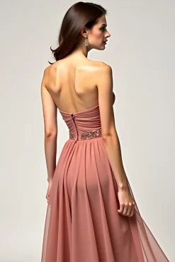 Dusty Rose Strapless Uma Linha Tule Prom Dress