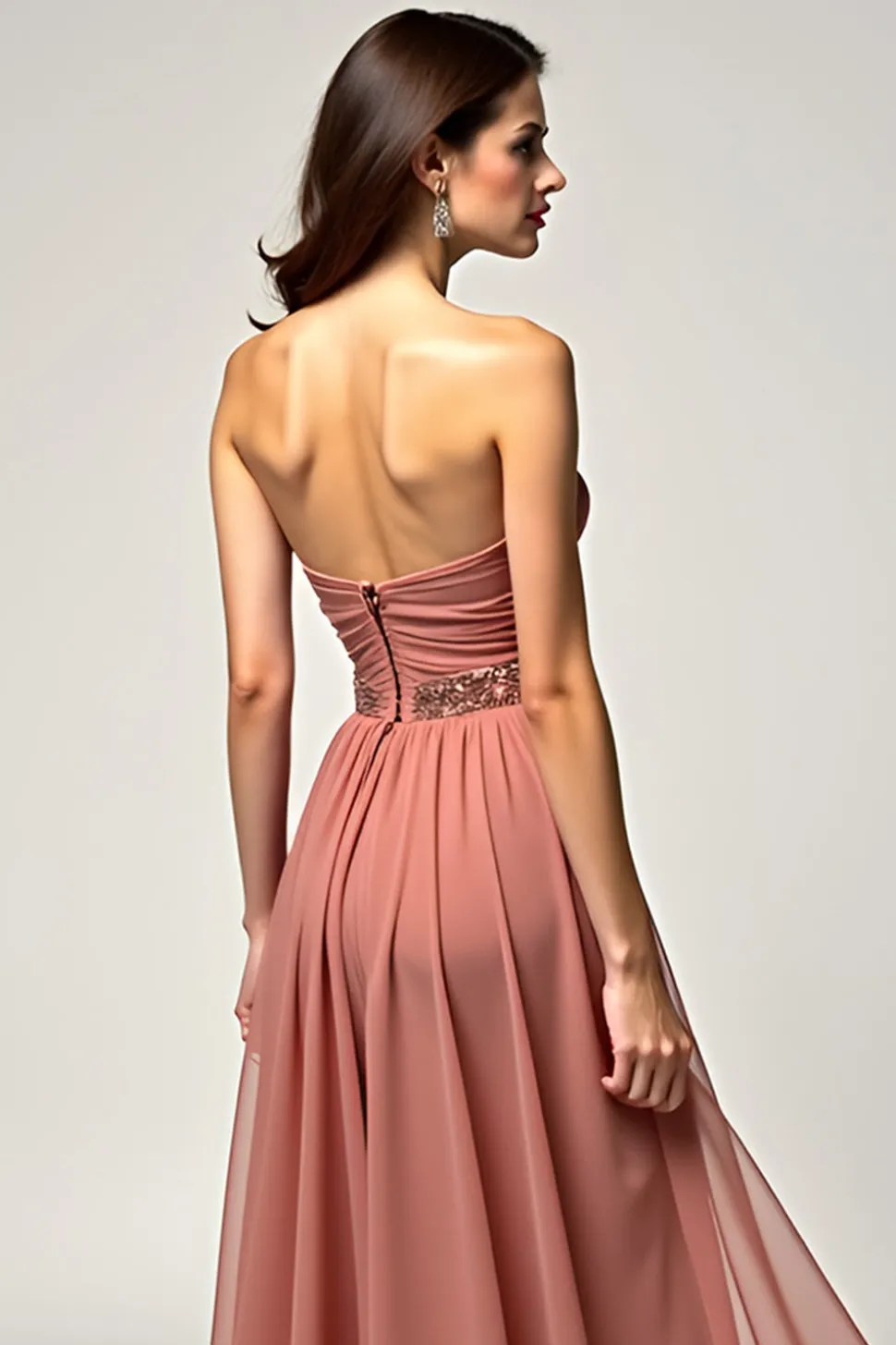 Dusty Rose Strapless Uma Linha Tule Prom Dress