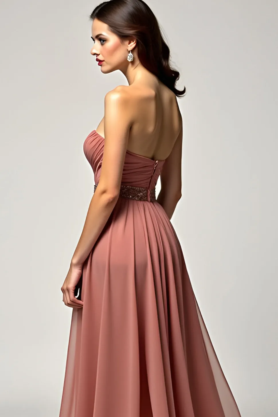 Dusty Rose Strapless Uma Linha Tule Prom Dress