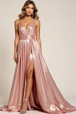 Dusty Rose Uma Linha Deep V-Neck plissado Vestido de Baile de Cetim Metálico