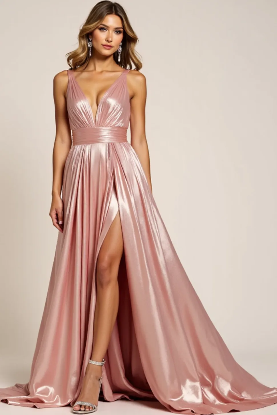 Dusty Rose Uma Linha Deep V-Neck plissado Vestido de Baile de Cetim Metálico