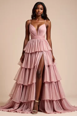 Dusty Rose Uma Linha Esparguete Correias Folhos Tiered Prom Dress