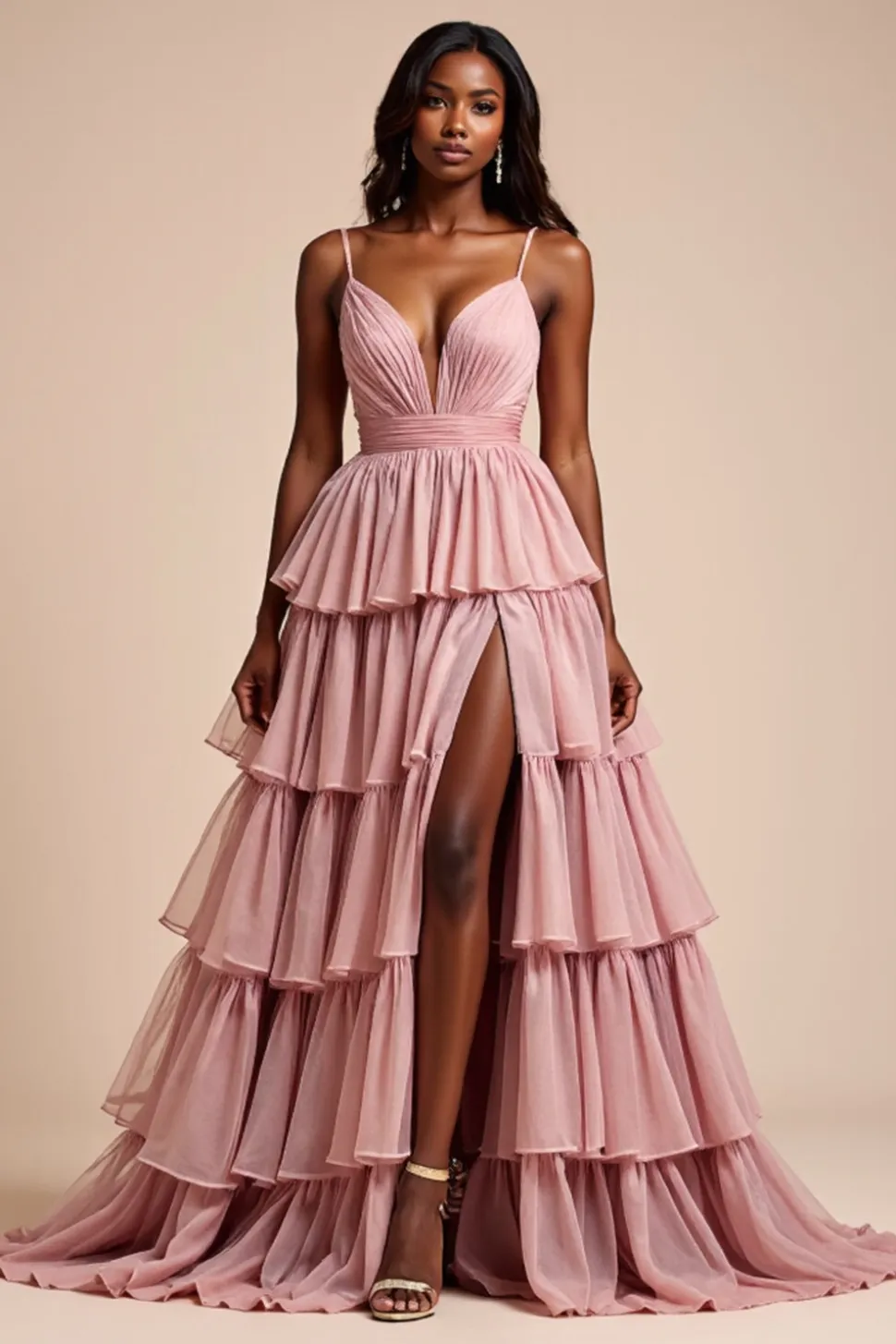 Dusty Rose Uma Linha Esparguete Correias Folhos Tiered Prom Dress