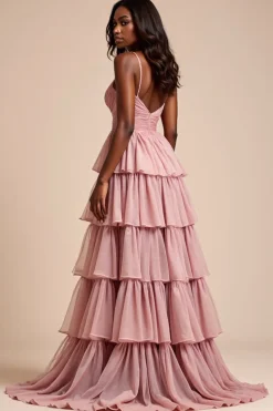 Dusty Rose Uma Linha Esparguete Correias Folhos Tiered Prom Dress