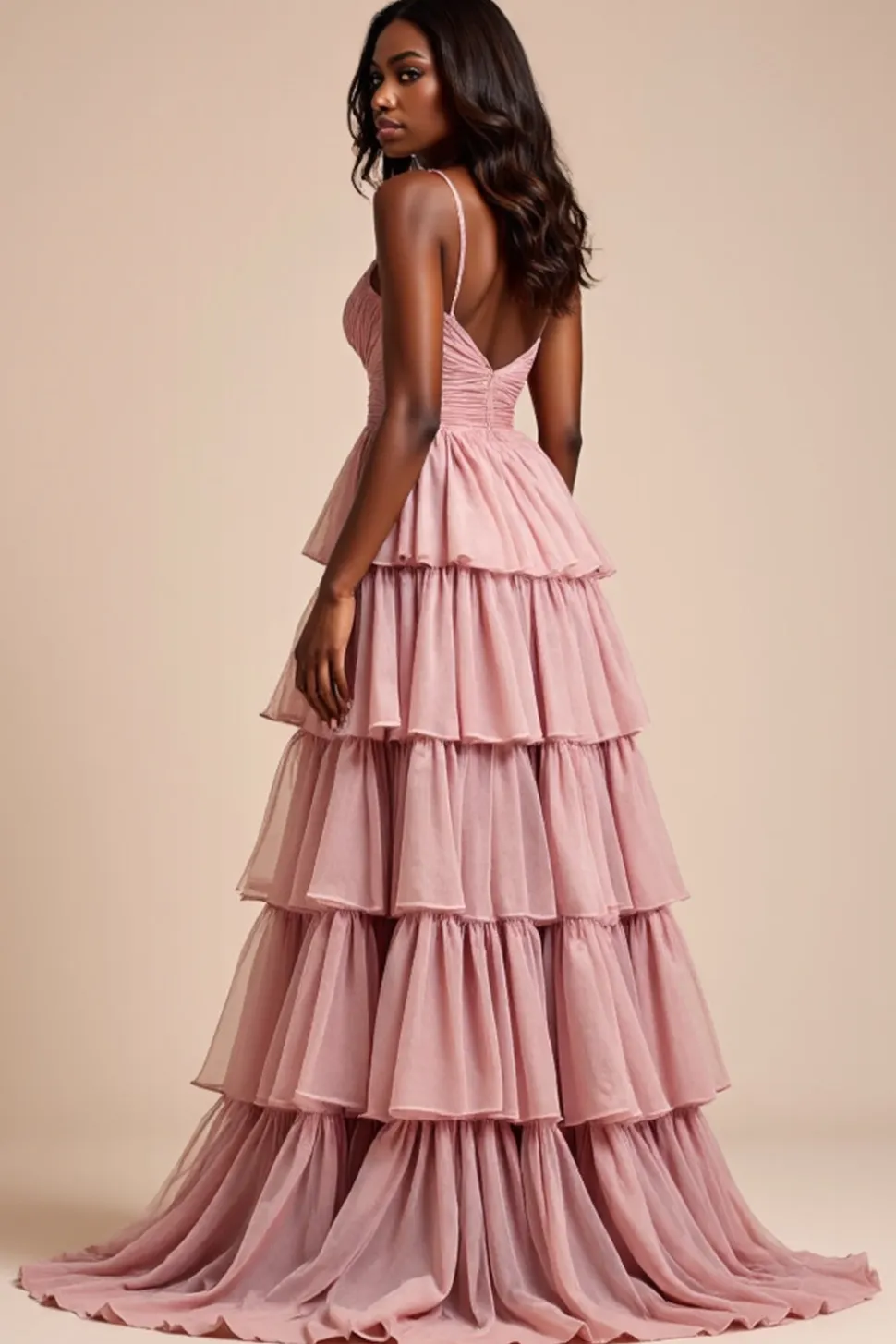Dusty Rose Uma Linha Esparguete Correias Folhos Tiered Prom Dress