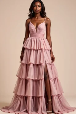 Dusty Rose Uma Linha Esparguete Correias Folhos Tiered Prom Dress