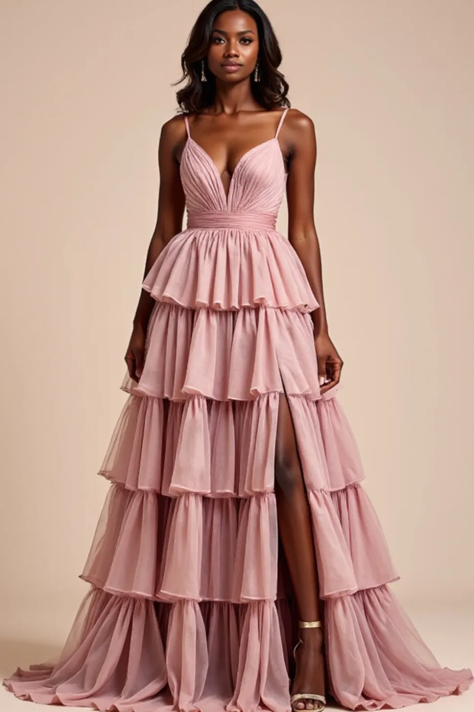 Dusty Rose Uma Linha Esparguete Correias Folhos Tiered Prom Dress