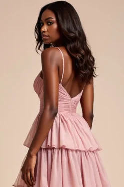 Dusty Rose Uma Linha Esparguete Correias Folhos Tiered Prom Dress
