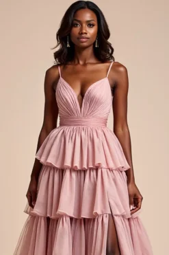 Dusty Rose Uma Linha Esparguete Correias Folhos Tiered Prom Dress