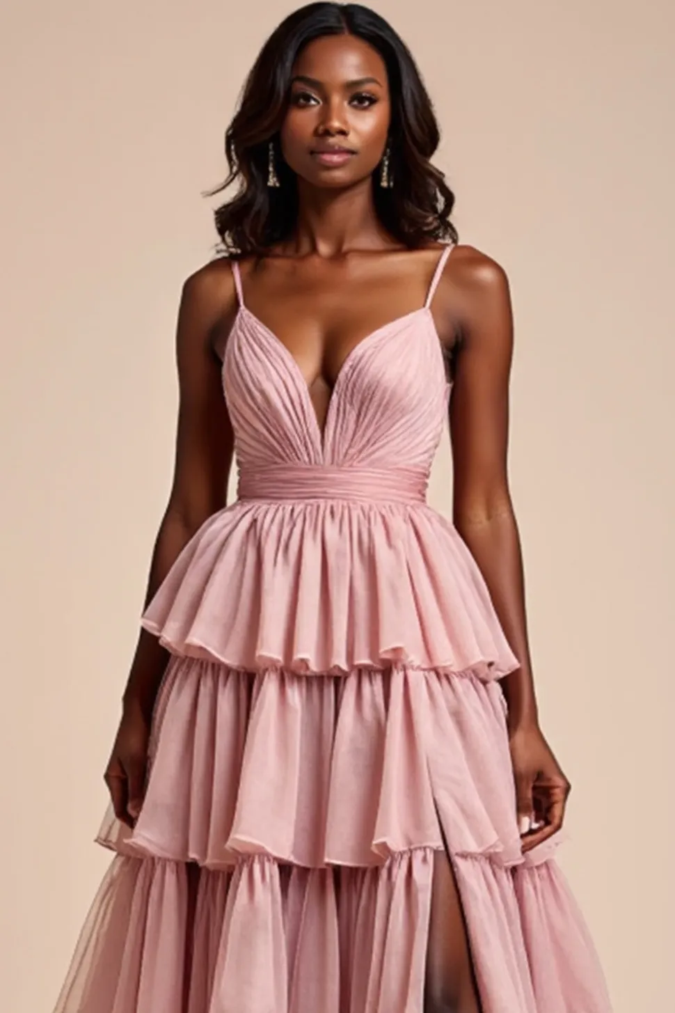 Dusty Rose Uma Linha Esparguete Correias Folhos Tiered Prom Dress