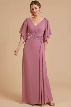 Dusty Rose Uma Linha Flutter Manga Chiffon Vestido de Noiva com Apliques