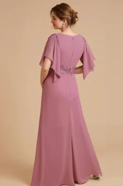 Dusty Rose Uma Linha Flutter Manga Chiffon Vestido de Noiva com Apliques