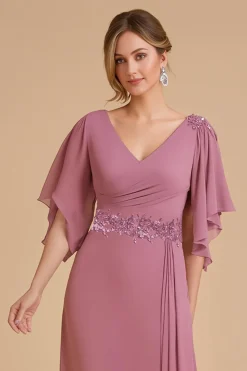 Dusty Rose Uma Linha Flutter Manga Chiffon Vestido de Noiva com Apliques