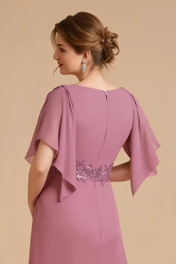 Dusty Rose Uma Linha Flutter Manga Chiffon Vestido de Noiva com Apliques