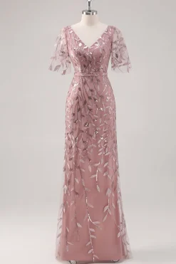 Dusty Rose V Pescoço Bainha Lantejoulas Mãe do Vestido da Noiva com Mangas Curtas