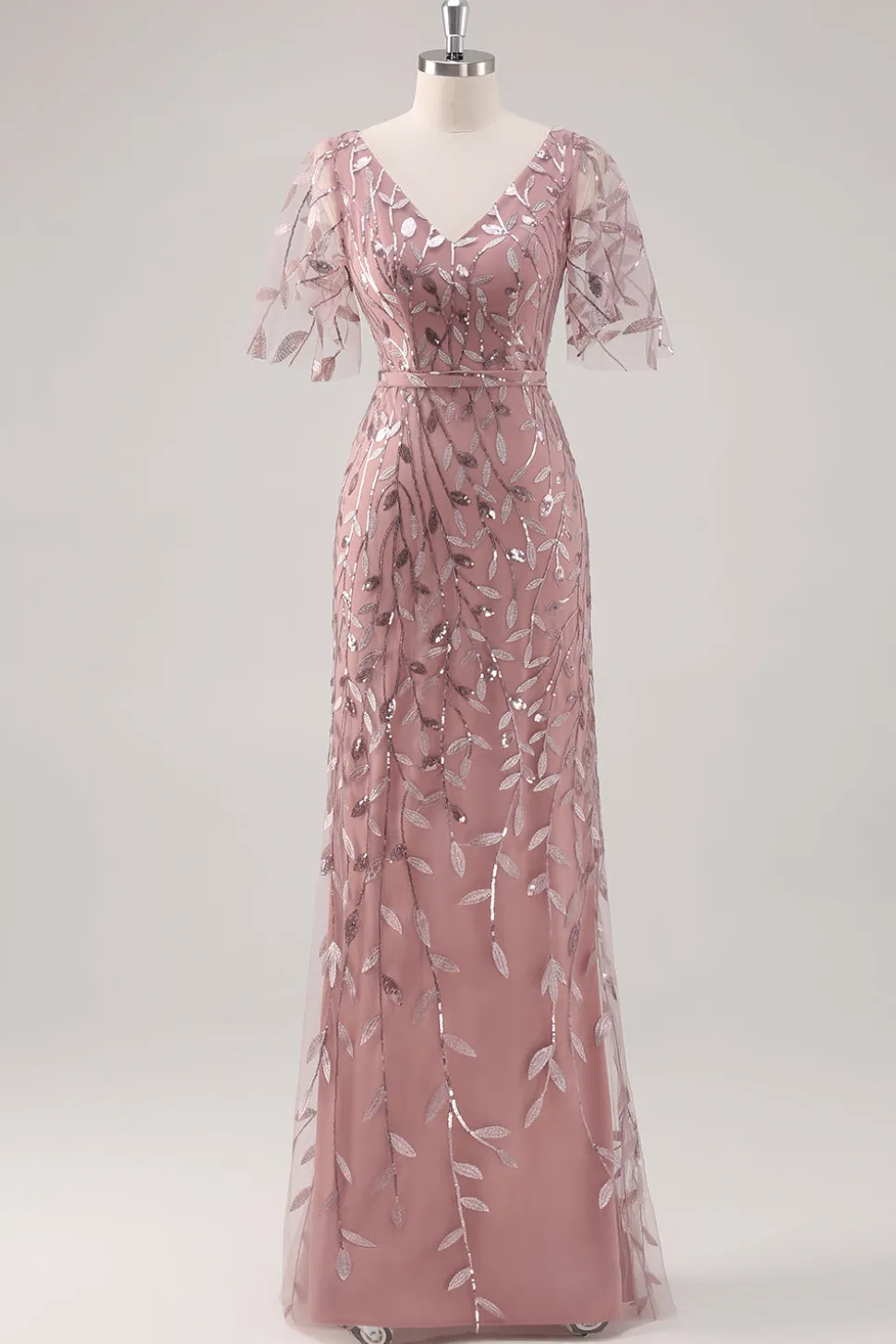 Dusty Rose V Pescoço Bainha Lantejoulas Mãe do Vestido da Noiva com Mangas Curtas