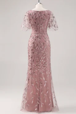 Dusty Rose V Pescoço Bainha Lantejoulas Mãe do Vestido da Noiva com Mangas Curtas