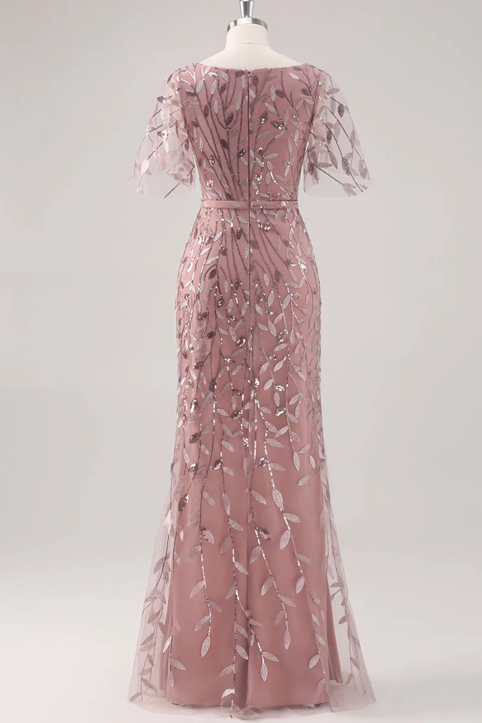 Dusty Rose V Pescoço Bainha Lantejoulas Mãe do Vestido da Noiva com Mangas Curtas
