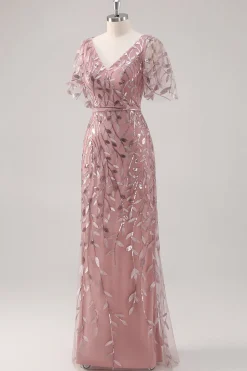 Dusty Rose V Pescoço Bainha Lantejoulas Mãe do Vestido da Noiva com Mangas Curtas