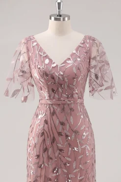 Dusty Rose V Pescoço Bainha Lantejoulas Mãe do Vestido da Noiva com Mangas Curtas