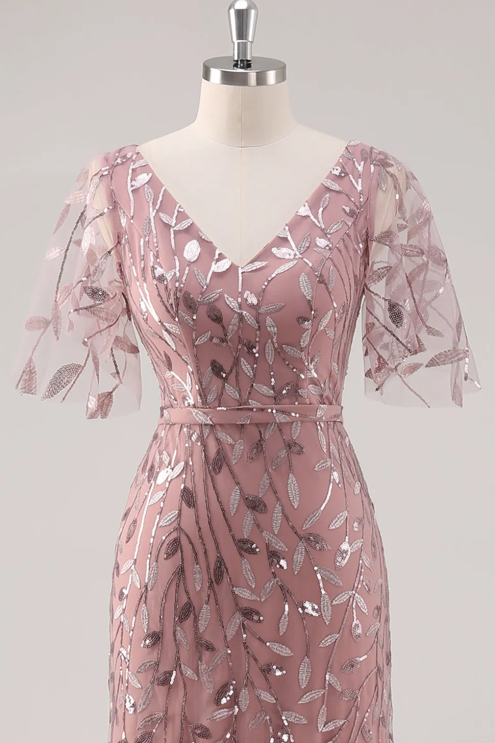 Dusty Rose V Pescoço Bainha Lantejoulas Mãe do Vestido da Noiva com Mangas Curtas