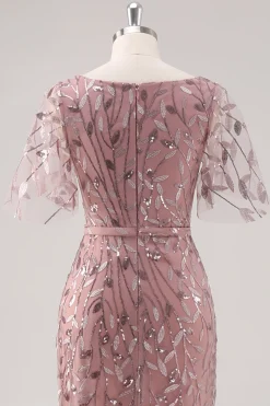 Dusty Rose V Pescoço Bainha Lantejoulas Mãe do Vestido da Noiva com Mangas Curtas