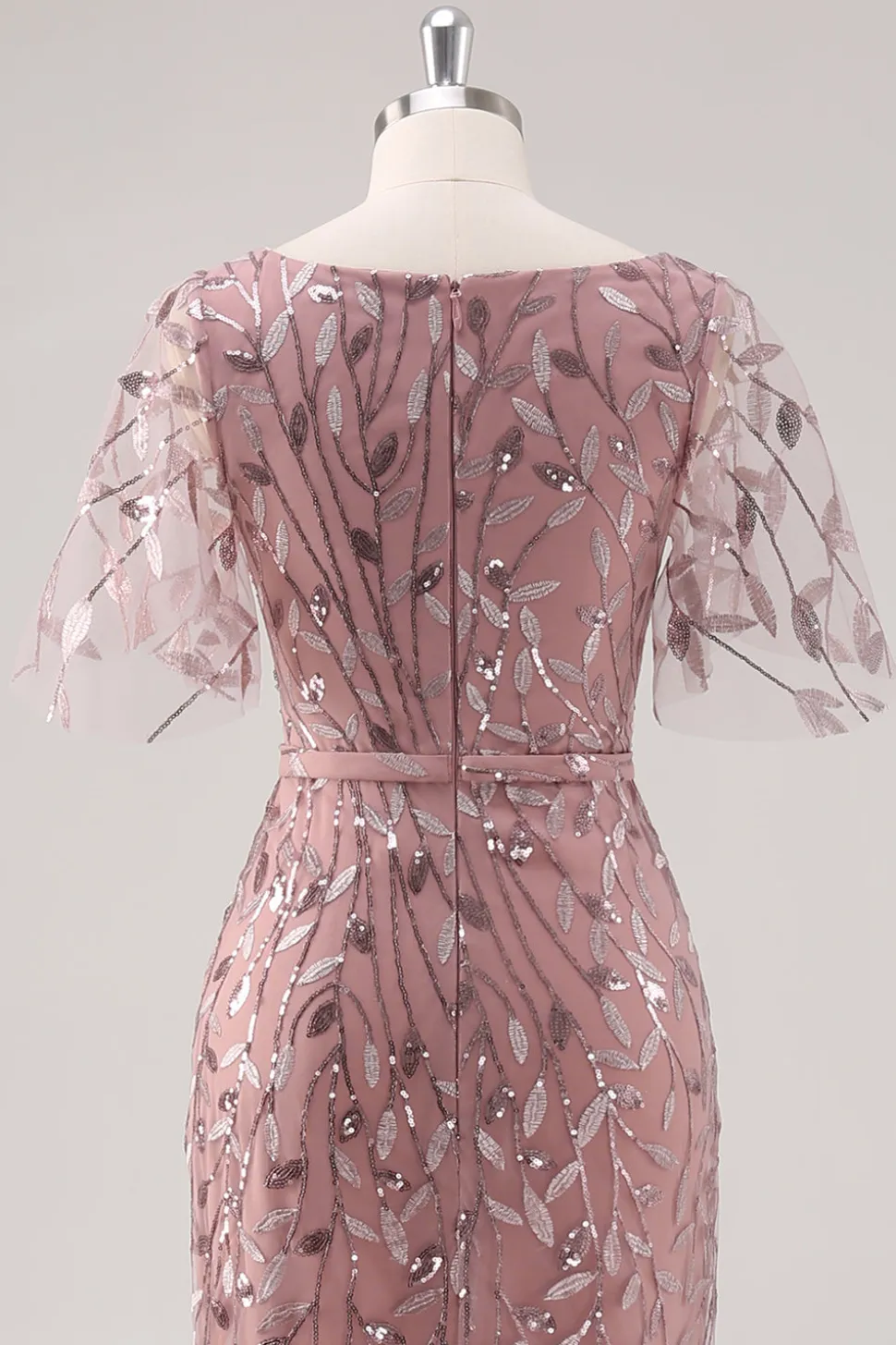 Dusty Rose V Pescoço Bainha Lantejoulas Mãe do Vestido da Noiva com Mangas Curtas