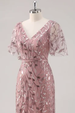 Dusty Rose V Pescoço Bainha Lantejoulas Mãe do Vestido da Noiva com Mangas Curtas