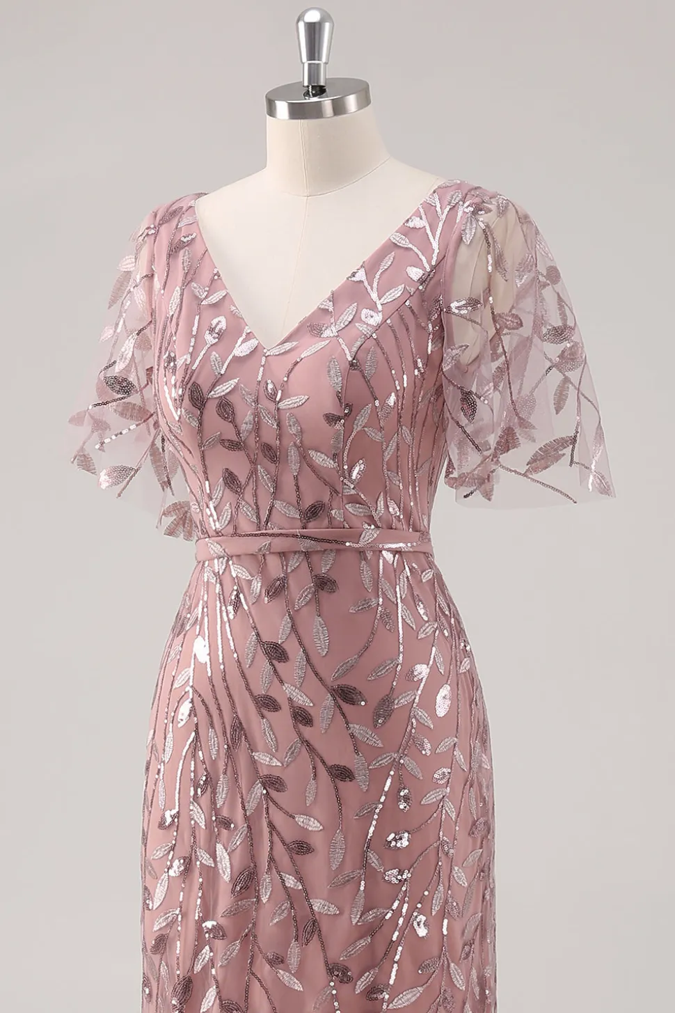 Dusty Rose V Pescoço Bainha Lantejoulas Mãe do Vestido da Noiva com Mangas Curtas