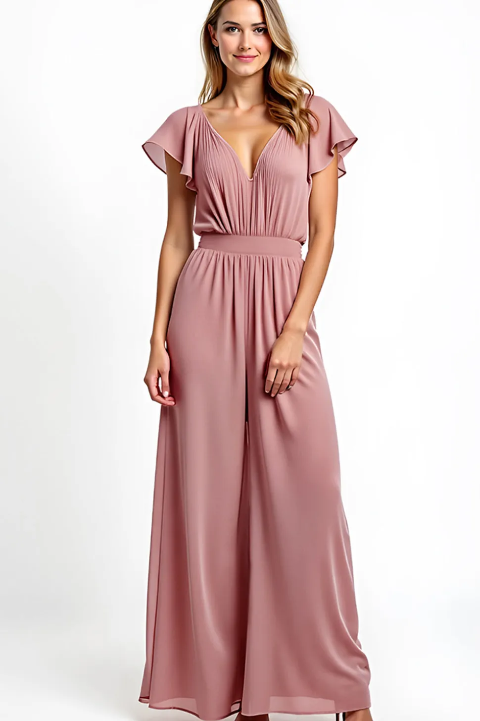 Dusty Rose V-Neck babado Chiffon macacão
