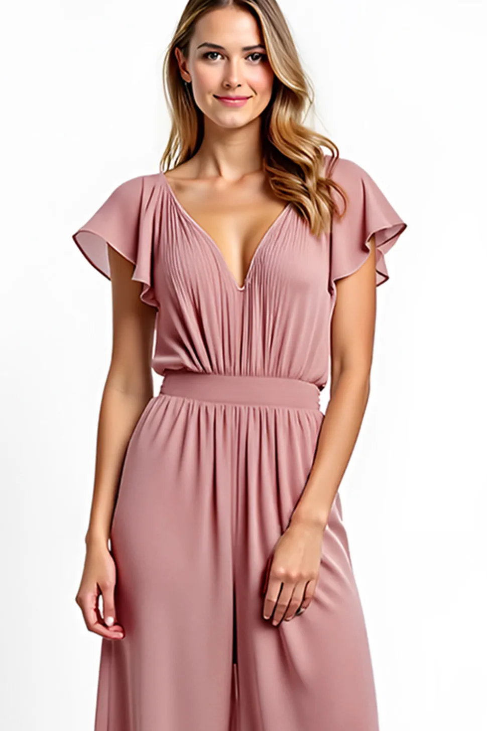 Dusty Rose V-Neck babado Chiffon macacão
