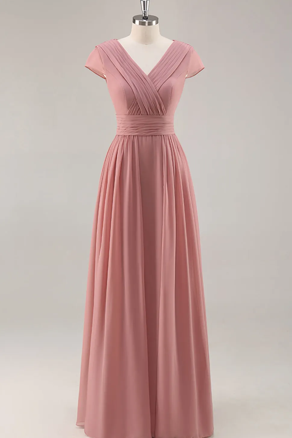 Dusty Rose V-Neck Ruched Chiffon vestido longo da dama de honra com Drape