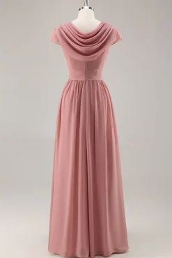Dusty Rose V-Neck Ruched Chiffon vestido longo da dama de honra com Drape