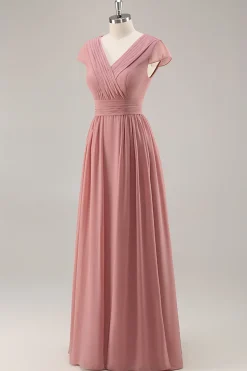 Dusty Rose V-Neck Ruched Chiffon vestido longo da dama de honra com Drape