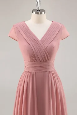 Dusty Rose V-Neck Ruched Chiffon vestido longo da dama de honra com Drape