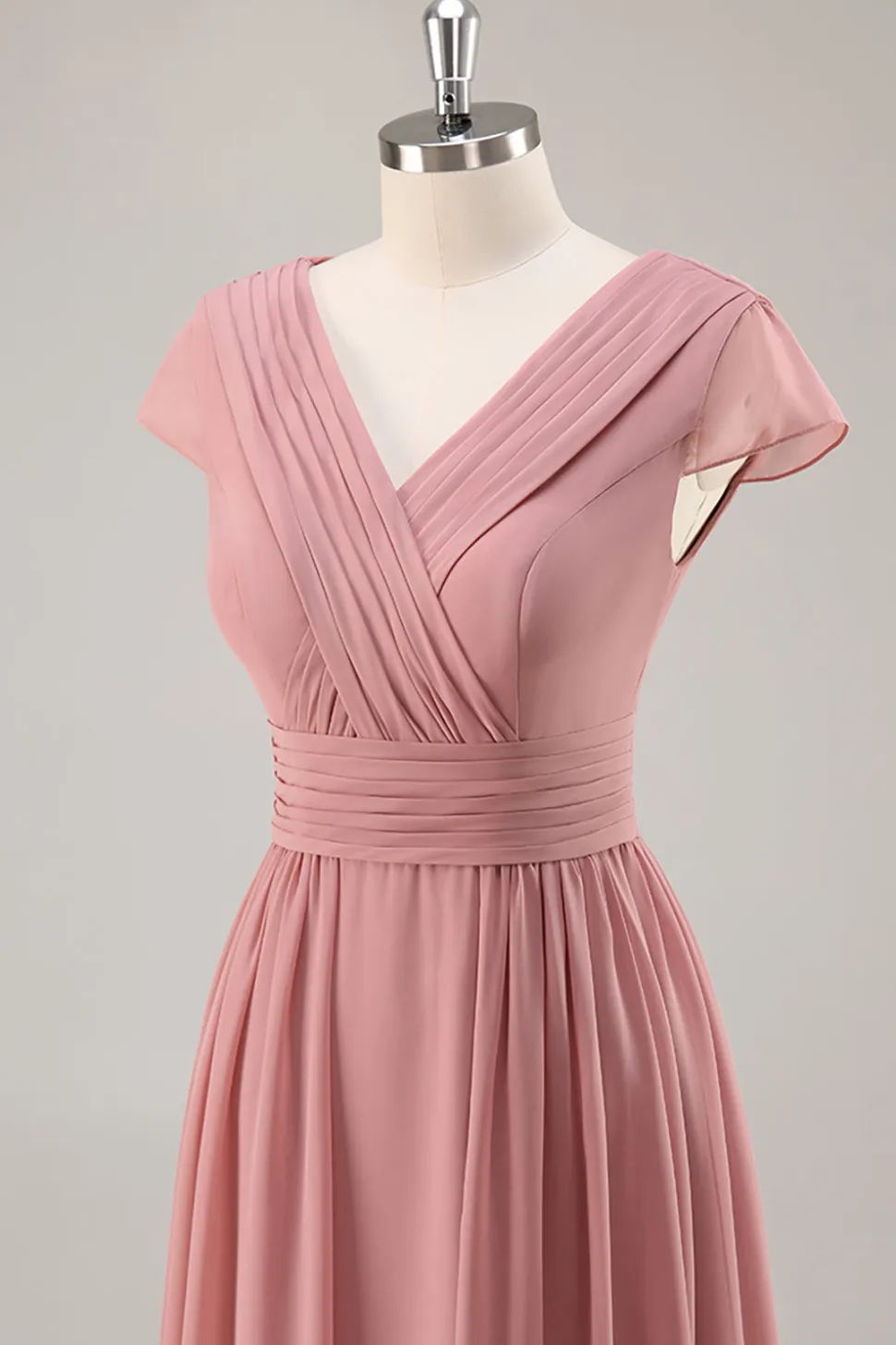 Dusty Rose V-Neck Ruched Chiffon vestido longo da dama de honra com Drape