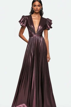Dusty roxo V-neck plissado metálico cetim vestido formal