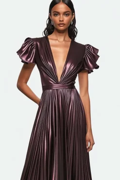 Dusty roxo V-neck plissado metálico cetim vestido formal