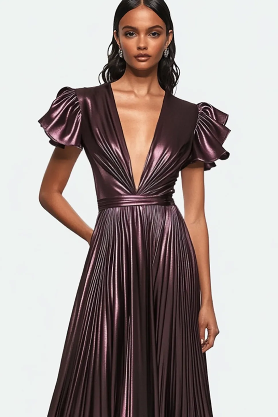 Dusty roxo V-neck plissado metálico cetim vestido formal